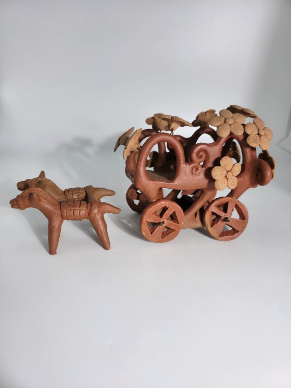 Herón Martínez Mendoza Terracotta Donkey Drawn Wagon Floral Motifs Rustic Brown